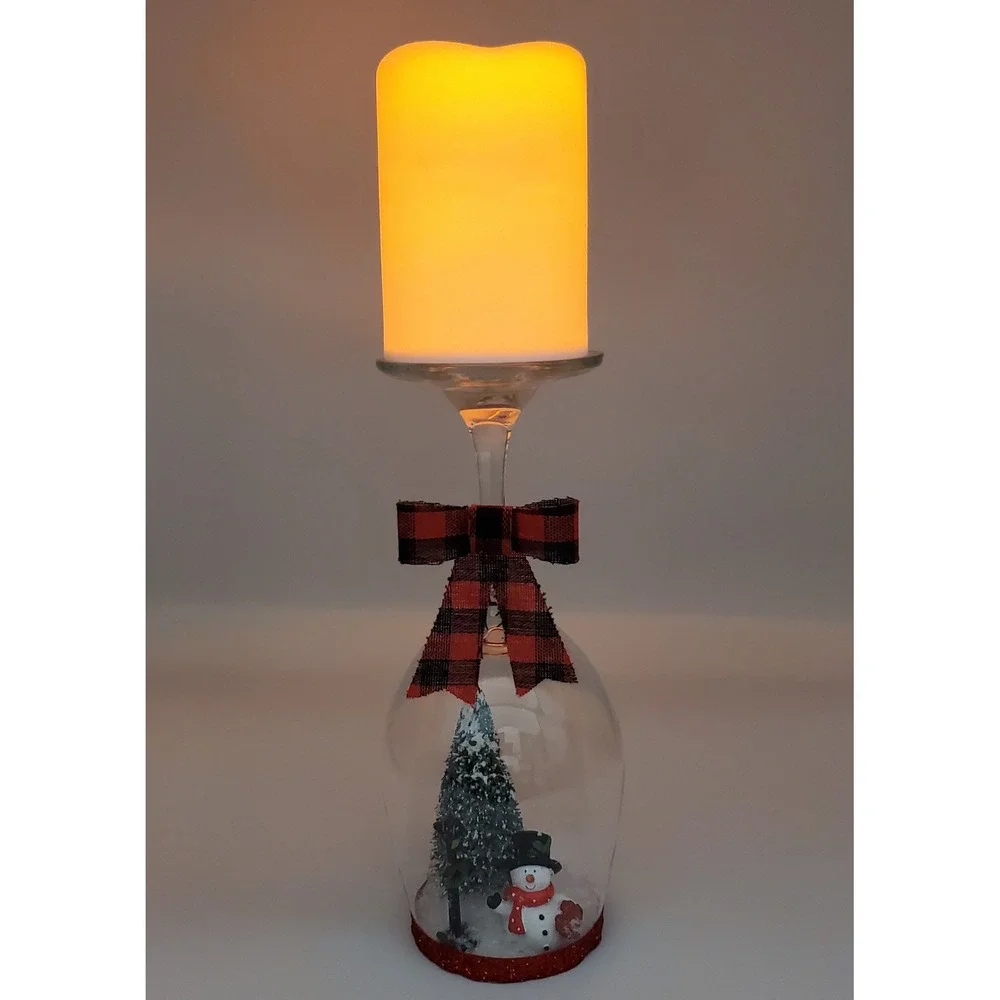 Homemade Snowman Tree Wine Glass Candle Holder W/ Battery Operated Candle‎ Decor